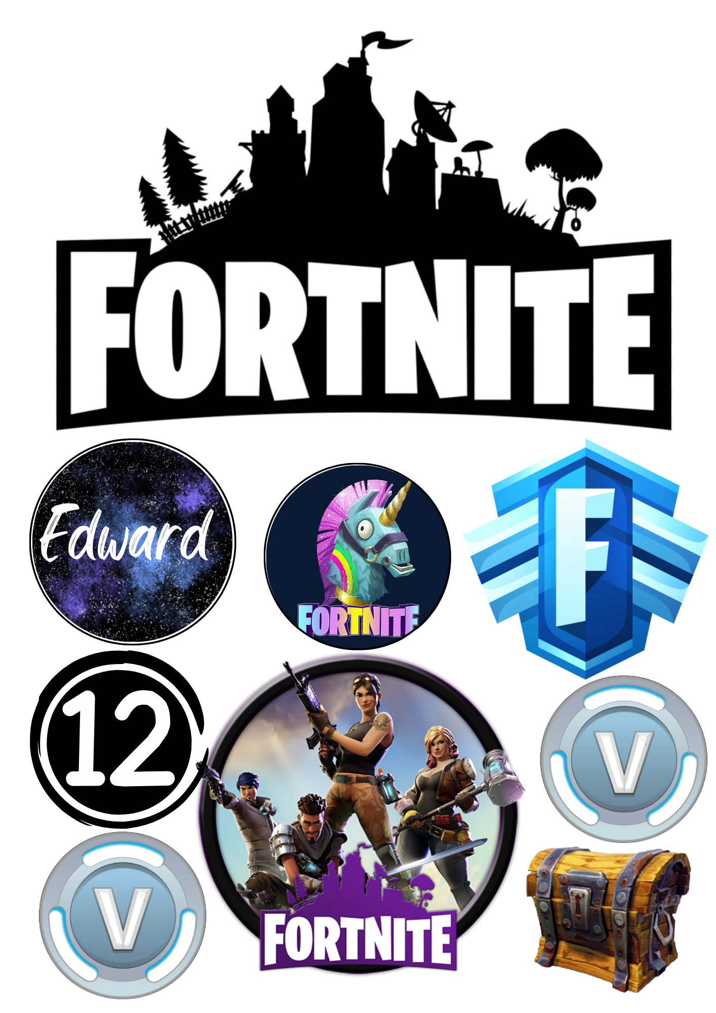 Inspiring Personalised Fortnite icing cake topper. Edible icing A4 sheet