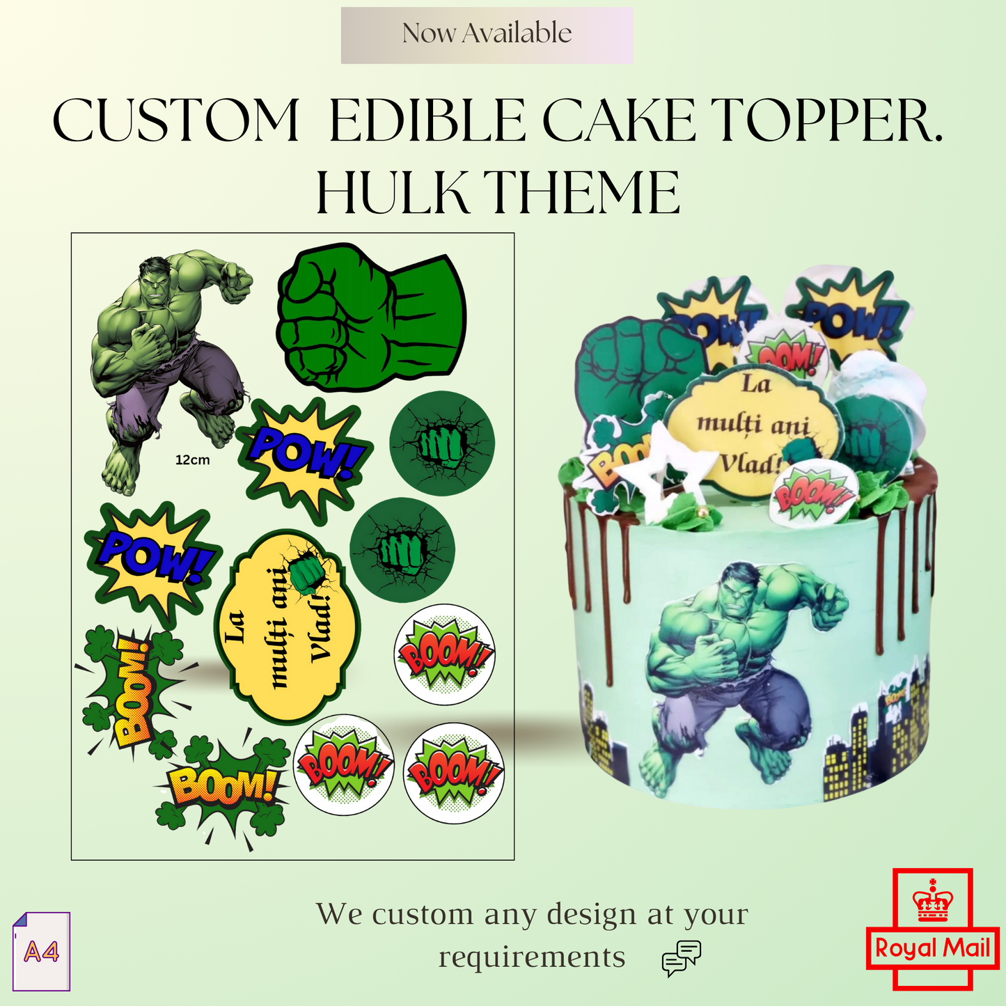 HULK  PERSONALISED NAME  edible Cake  toppers A4 Icing Sheet