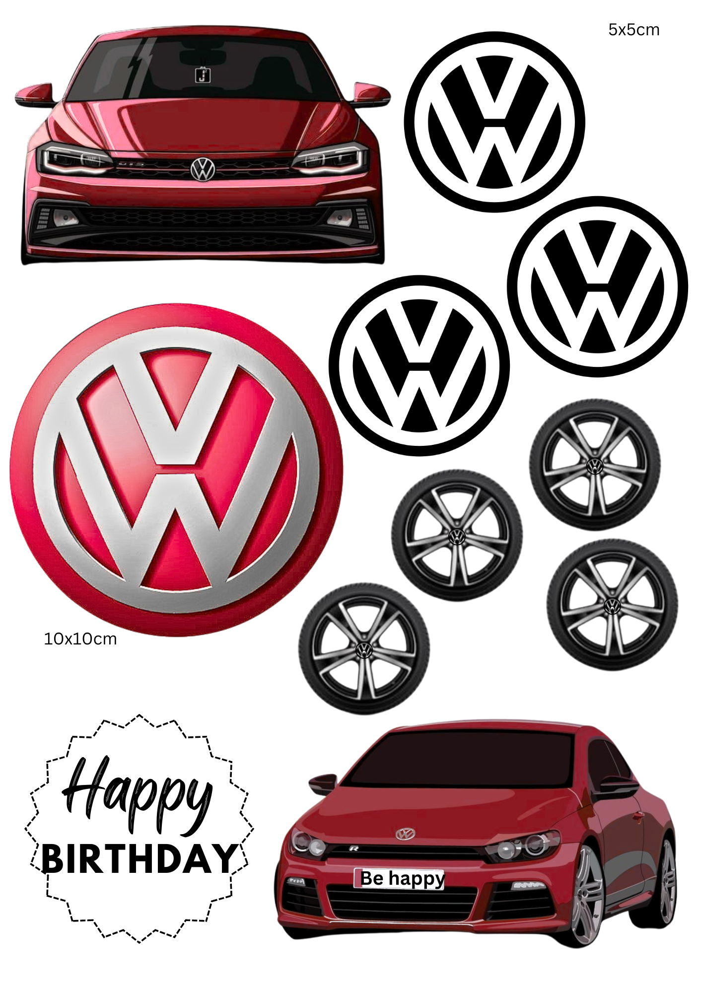 Bundle Personalised Edible Red Volkswagen Car Cake Topper A4 Icing Sheet